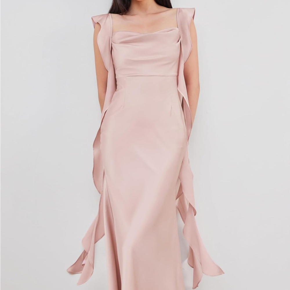 Cider light pink satin ruffle sleeve mermaid dress - Picture 3 of 5